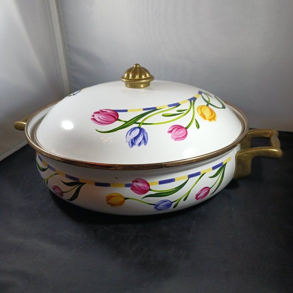 Vintage Floral Pattern Enameled Enamelware Brass Handle w/ Lid